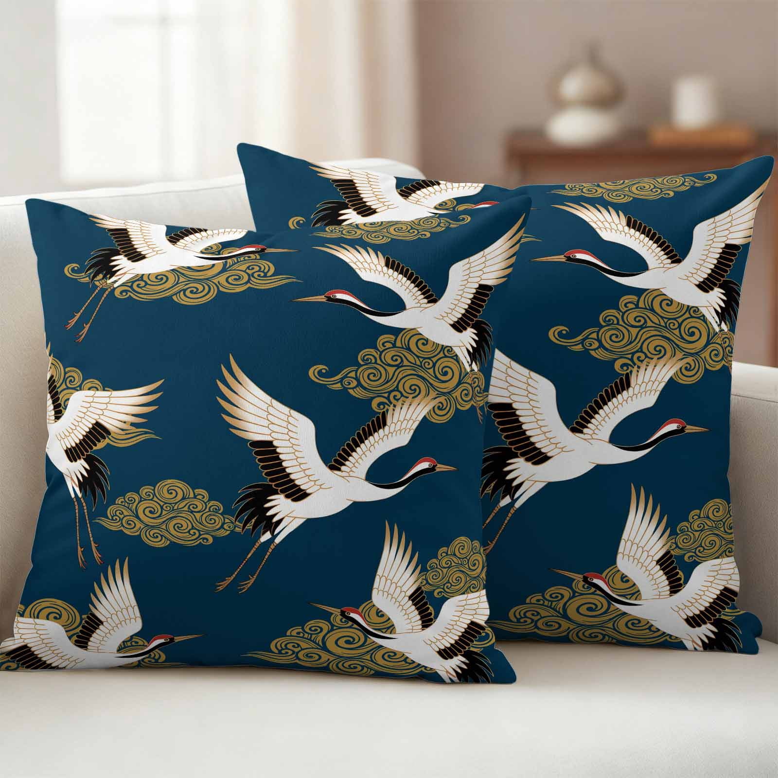 White Crane Outdoor Waterproof Throw Pillow Covers 18x18 Set of 2, Vintage Chinese Cloud Art Blue Gold Decorative Pillowcases Cushion Pillowcase for Couch Sofa Patio Outside Pillow Protector