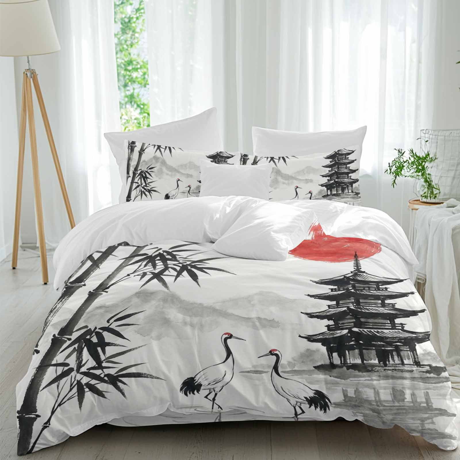 White Crane Queen Duvet Cover Set, Ink Wash Gray Black Bamboos Trees Japanese Pagoda Red Sun 4 Piece Microfiber Bedding Set with Zipper Closure, Bed Sheet and 2 Pillow Shams, Soft Bedding Cover