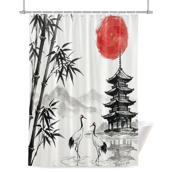 White Crane Shower Curtains for Bathroom, Ink Wash Gray Black Bamboos Trees Japanese Pagoda Red Sun Waterproof Fabric Shower Curtain for Bathroom Bathtub Decoration, Machine Washable 36"x72"