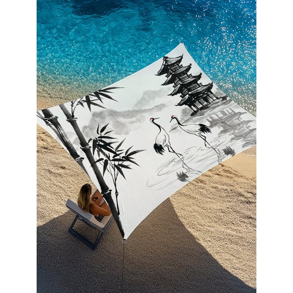White Crane Sun Shade Sail 8' x 10', Ink Wash Gray Black Bamboos Trees Japanese Pagoda Red Sun Rectangle Outdoor Sunshade Canopy, Waterproof UV Block Patio Covers for Garden Yard Beach