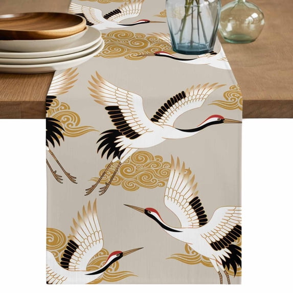 White Crane Table Runner, Golden Chinese Auspicious Clouds Vintage Beige Cotton Linen Table Runners 72 Inches Long, Dresser Scarf Runner for Dining/Coffee/Kitchen/TV Stands/Cabinets 13''x72''