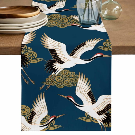 White Crane Table Runner, Vintage Chinese Cloud Art Blue Gold Washable Cotton Linen Table Runners 120 Inches Long, Dresser Scarf Runner for Dining/Living Room/Kitchen/Square Tables 13''x120''