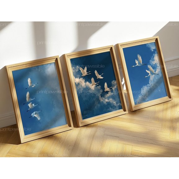 White Crane Wall Art Bundle Minimal Bird Sky Prints Navy Blue Nature Set 3 Unframed Paper Print 12x18