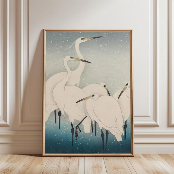 White Crane Winter Ukiyo-e Poster, Japanese Snow Bird Wall Art, Minimal Nature Home Decor, Poster Only