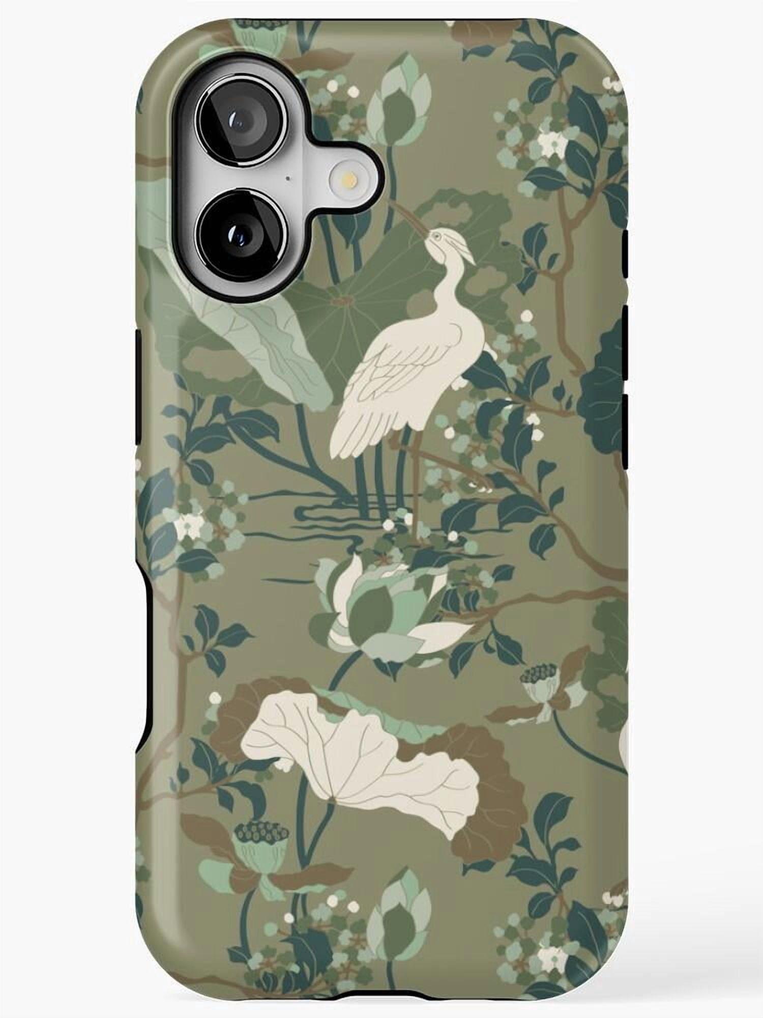 White Crane and Lotus Foliage Tough Phone Case for Select Apple iPhone ...