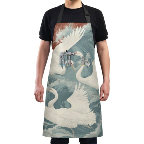 White Crane in The Waves Chef Kitchen Apron with Pockets for Women Waterproof Aprons for Cooking Baking