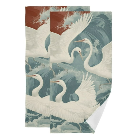 White Crane in The Waves Hand Towel Absorbent Bath Towels for Bathroom Sports Gym(28.3" X 14.4") Set of 2