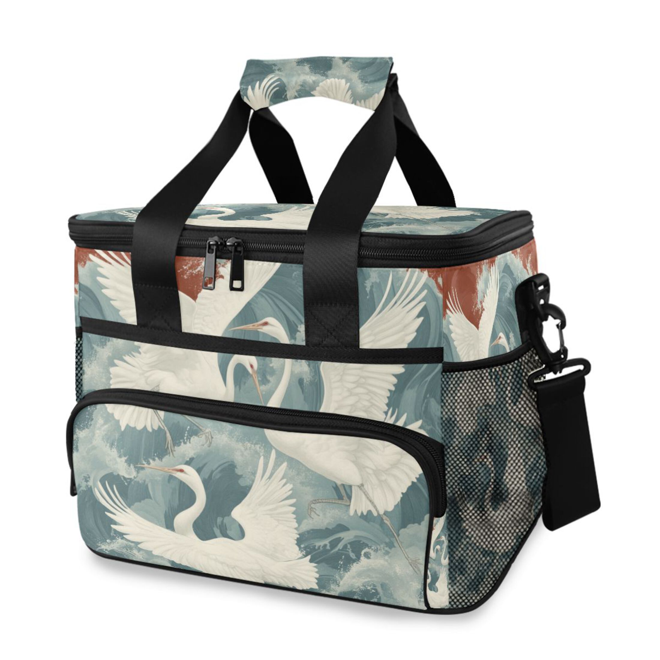 White Crane in The Waves Insulated Lunch Bag 15L Cooler Box for Women Men Work Camping Beach Travel