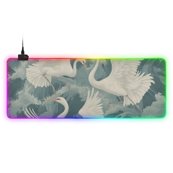 White Crane in The Waves RGB Gaming Mouse Pad Large Keyboard Mat Rubber Base 13 Light Modes