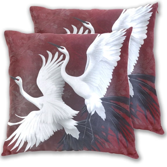 White Crane on Deep Red Background Throw Pillow Covers 16x16 Inch 2 Packs Decorative Square for Living Room Couch Bed Sofa