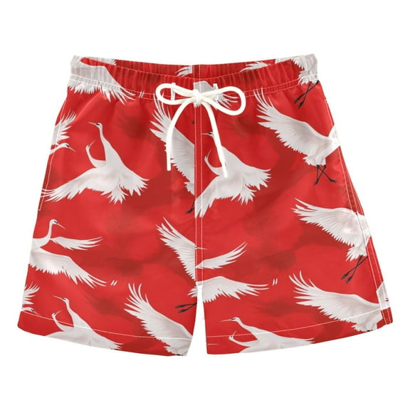 White Crane on Red Background Boys Swim Trunks Quick Dry Boy Swim Shorts for 3-14 Years