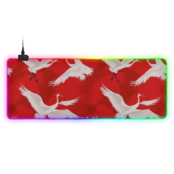White Crane on Red Background RGB Gaming Mouse Pad Large Keyboard Mat Rubber Base 13 Light Modes