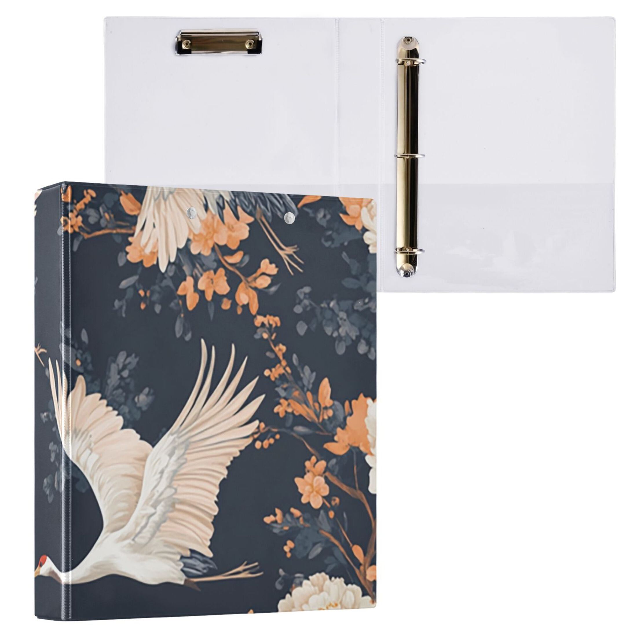 White Cranes 3 Ring Binders 1.5 inch Hardcover File Folders with Interior Pockets A4 Size Organizer for School Office Hospital