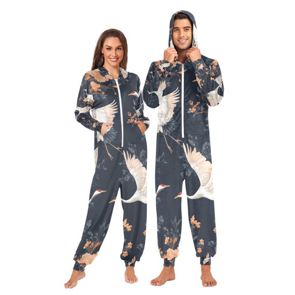 White Cranes Adult Onesie Pajamas Slim Fit Christmas One Piece Suit Pjs for Women and Men Hooded Zipper