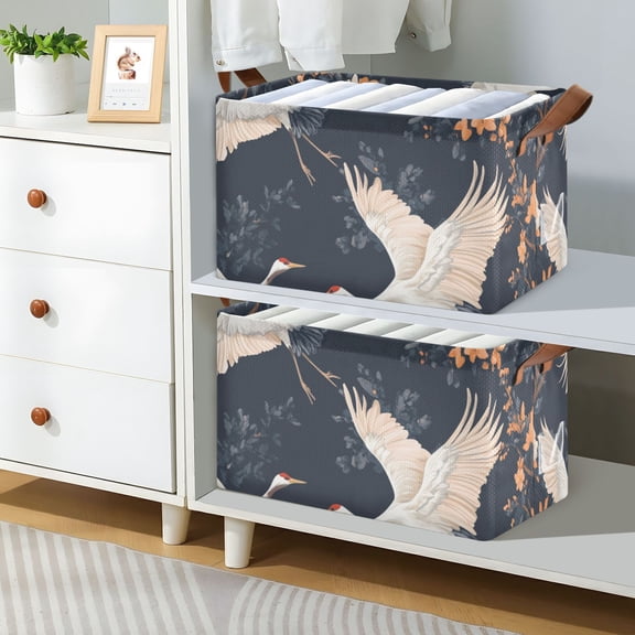 White Cranes Foldable Storage Large Fabric Storage Baskets Organizer Storage Bins with Handles for Shelves