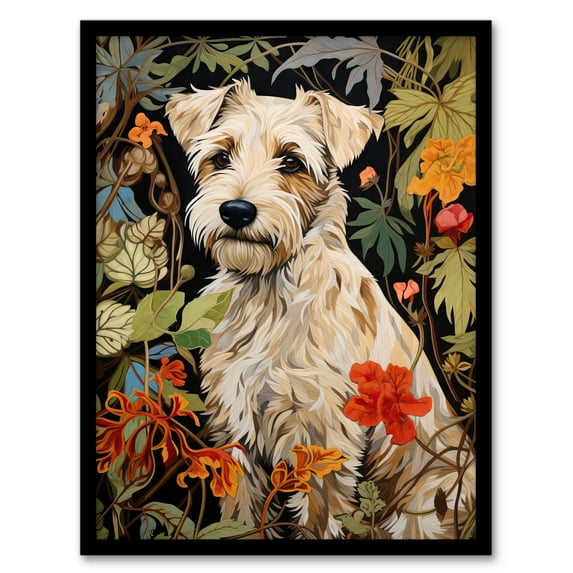 White Cream Border Terrier On Elegant Floral Backdrop William Morris Style Jungle Flowers Artwork Art Print Framed Poster Wall Decor 12x16 inch