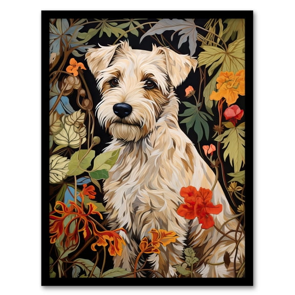 White Cream Border Terrier On Elegant Floral Backdrop William Morris Style Jungle Flowers Artwork Framed Wall Art Print A4