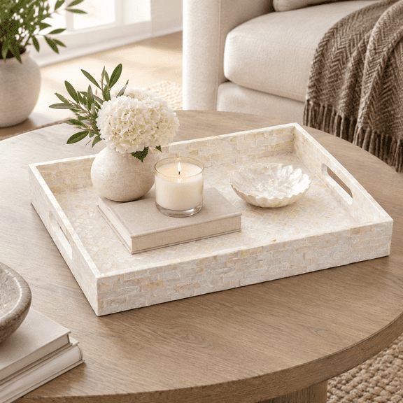 White Cream Herringbone Capiz Shell Decorative Serving Tray with Handles