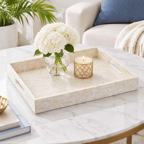 White Cream Herringbone Rectangular Capiz Shell Decorative Serving Tray with Handles