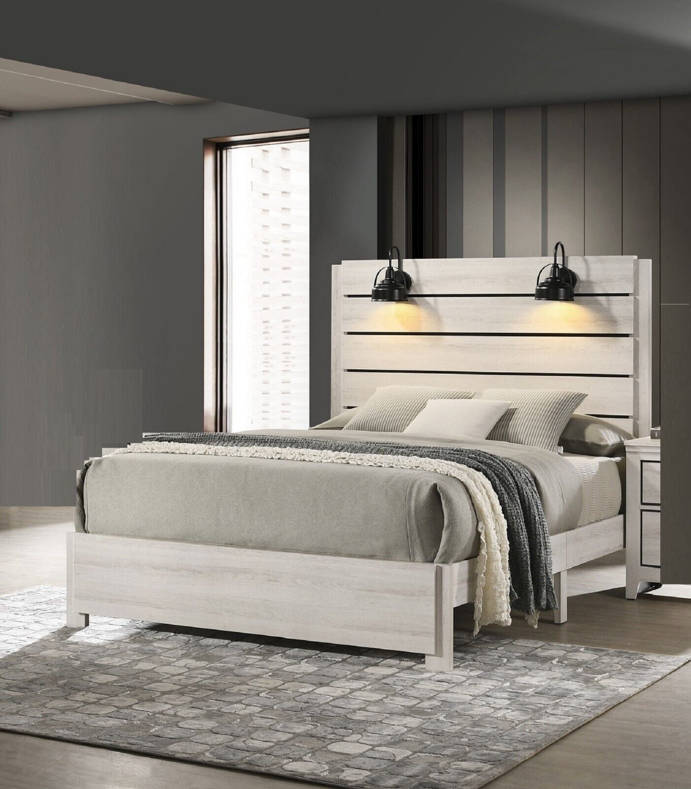 White Cream Rustic Finish 1pc Queen Size Headboard Lamp Bed Wooden