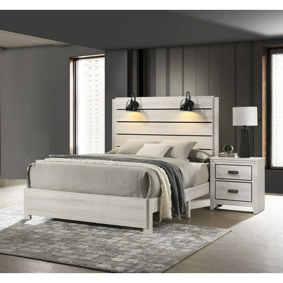 White Cream Rustic Finish 3pc King Size Headboard Lamp Bed Chest Nightstand Bedroom Furniture
