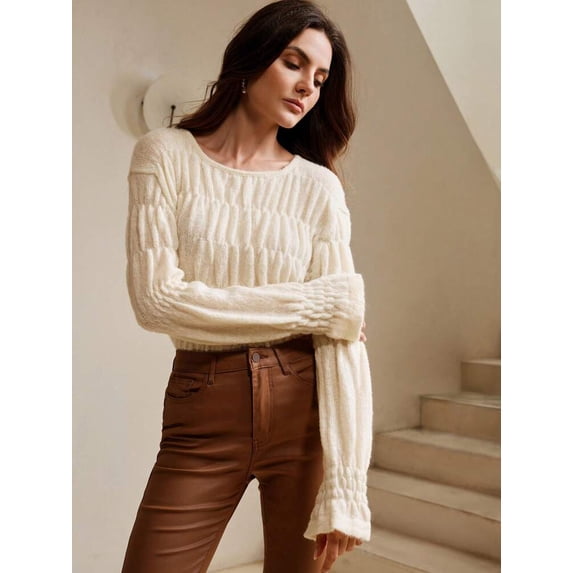 White Textured Design White Cream Textured Knit Sweater with Ruffled Long Sleeves - Walmart.com