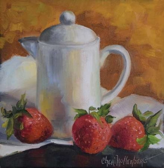 White Creamer and Red Strawberries Canvas Art - Cheri Wollenberg (24 x 24)