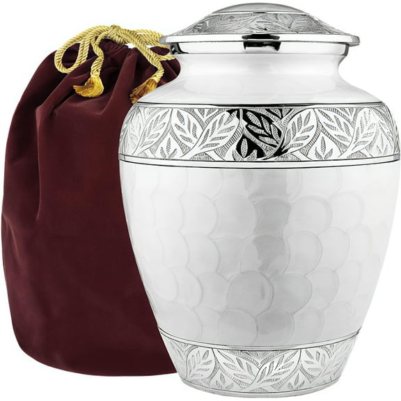 MAHAK NISAR TIMBER White Cremation Urn for Ashes, Ceramic Urn with Silver Coated Design, 10.5" x 6.5" x 6.5"
