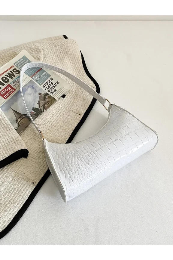 White Croc-Embossed Mini Shoulder Bag With Adjustable Strap