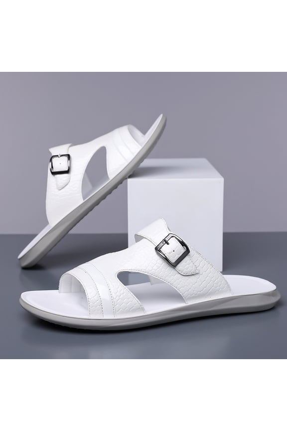 White Croc Texture Adjustable Buckle Hollow Slide Sandals for Men