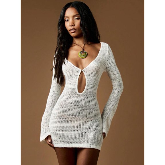 White Crochet Knit Mini Dress With Long Bell Sleeves And Plunge Keyhole Neckline Boho Resort Cover Up