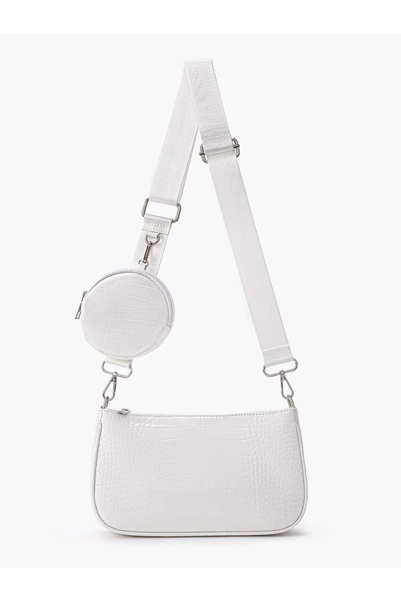 White Crocodile Embossed Crossbody Bag With Detachable Coin Purse