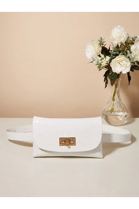 White Crocodile-Embossed Envelope Flap Fanny Pack With Gold-Tone Clasp