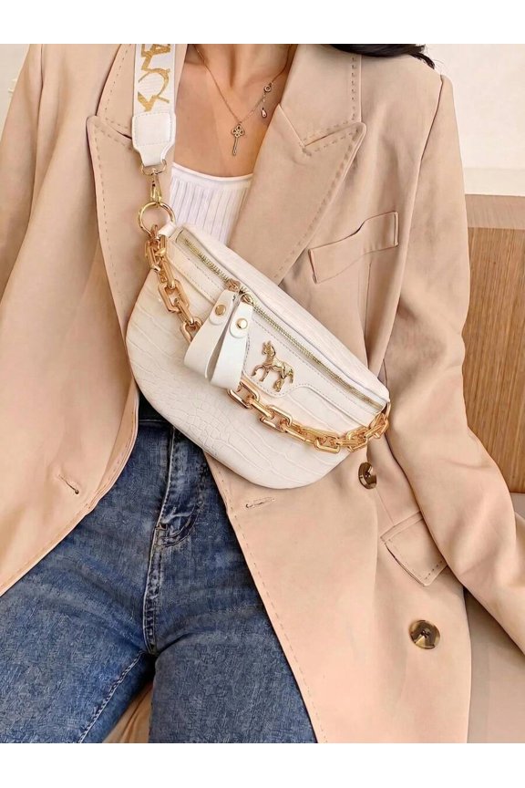 White Crocodile Embossed Fanny Pack With Gold Tone Chain Strap And Horse