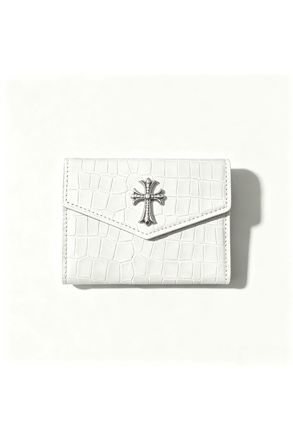 White Crocodile Embossed PU Card Holder with Metal Cross Ornament, Compact Envelope Multi Slot Card Wallet, Portable Small Card Case Gift for Women Girls Daily Use