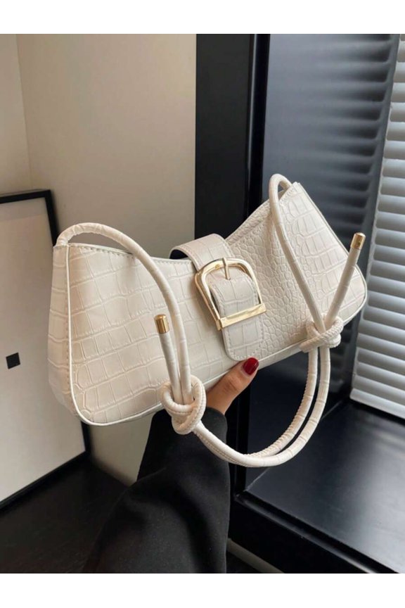 White Crocodile-Embossed PU Leather Shoulder Bag With Rope Handle