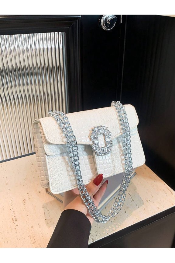 White Crocodile Embossed Rhinestone Flap Crossbody Bag With Silver-Tone