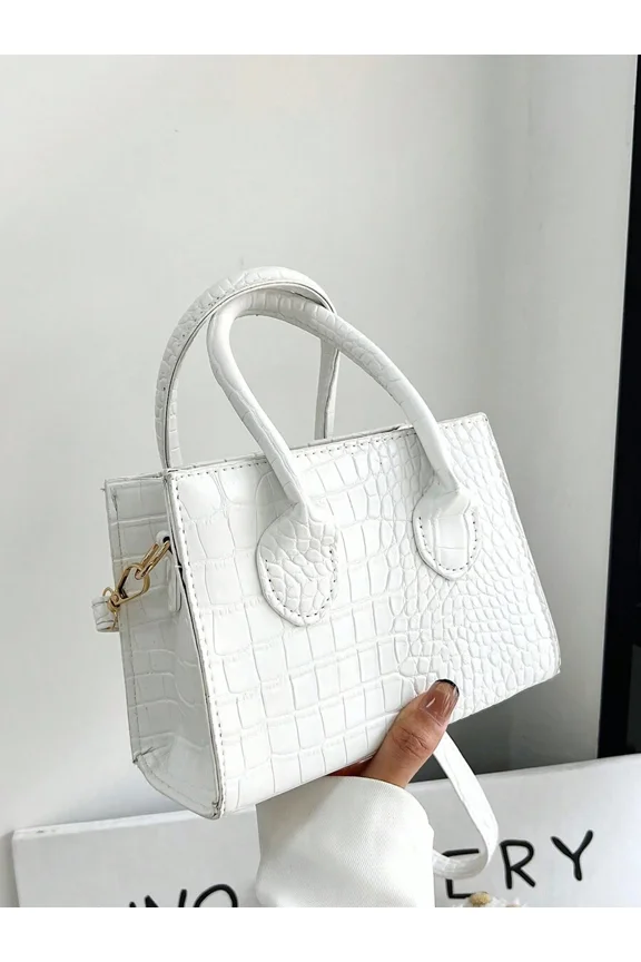 White Crocodile Embossed Square Top Handle Handbag With Detachable Strap
