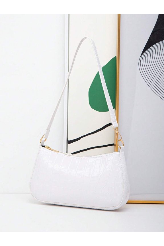 White Crocodile Embossed Underarm Shoulder Bag With Gold-Tone Hardware