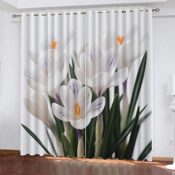 White Crocus Blackout Curtains White Petals With Purple Stripes 3D Darkening Printed Curtain For Nursery Bedroom Living Room Grommet Thermal Insulated Drapes 38"W x 45"L (Pack of 2)