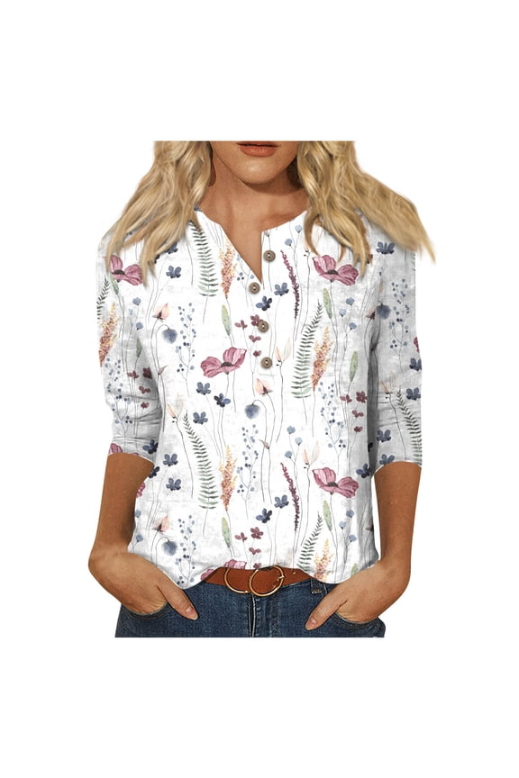 White Crop Top Paisley 3/4 Sleeve Tunic Shirts Women Mother'S Day Birthday Round