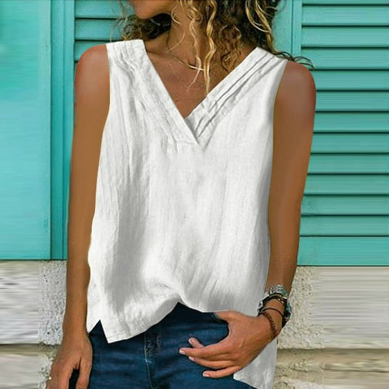 White Crop Tops For Women Lmitation Linen Tops Shirt Ladies V Neck Loose  Sleeveless Blouse Tee Vest