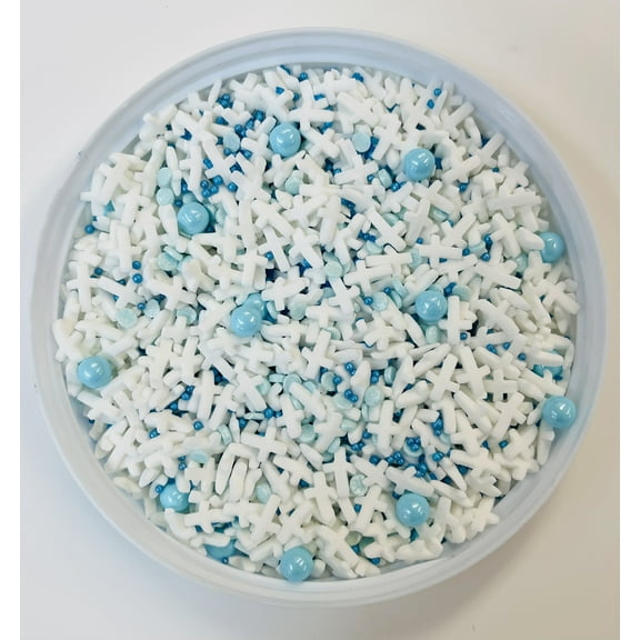 White Cross Baptism Blue Mix Confetti Sprinkles, Cake, Cookie, Donut, Cakepop Toppings, 6 oz.