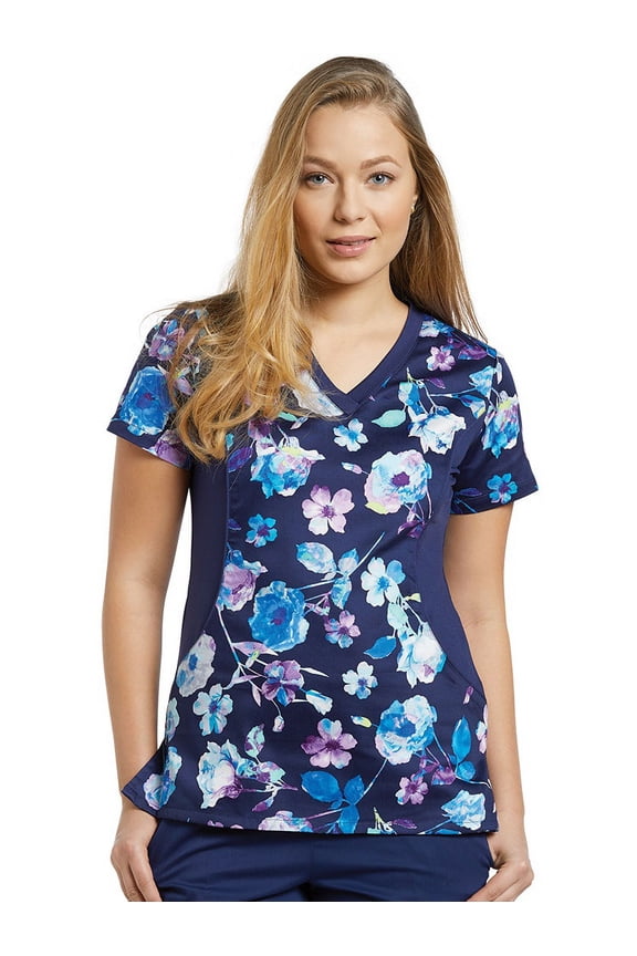 Women's Notch Neck Stretch Side Floral Print Scrub Top