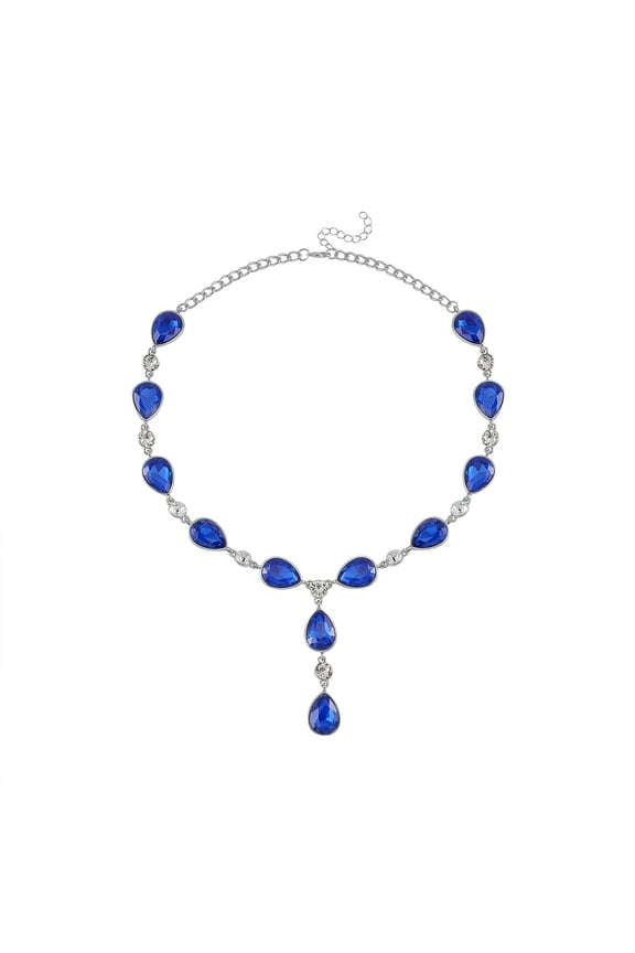 Simulated Sapphire and White Crystal Lariat Necklace in Silvertone 20-22 Inches Christmas Gifts