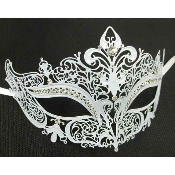 White Crystal Crown Laser Cut Venetian Mask Masquerade Metal Filigree