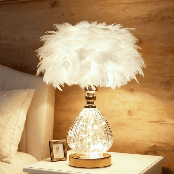 (White)Crystal Feather Table Lamp with String Lights Base - Opulent Home Decor Lamp, Perfect Wedding Housewarming Gift for Bedroom Living Room