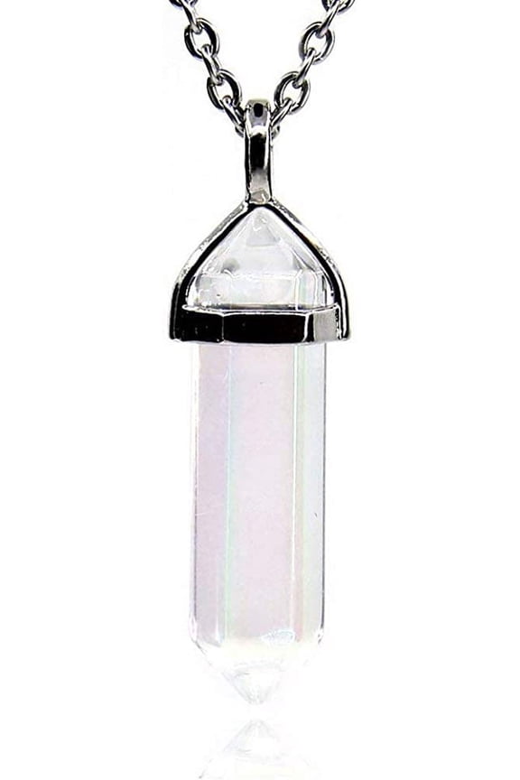 White Crystal Plated Color Gemstone Hexagonal Pointed Reiki Chakra Pendant Necklace 20"
