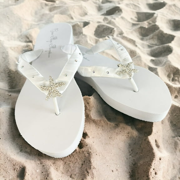 White Crystal Rhinestone Starfish Satin Flip Flops
