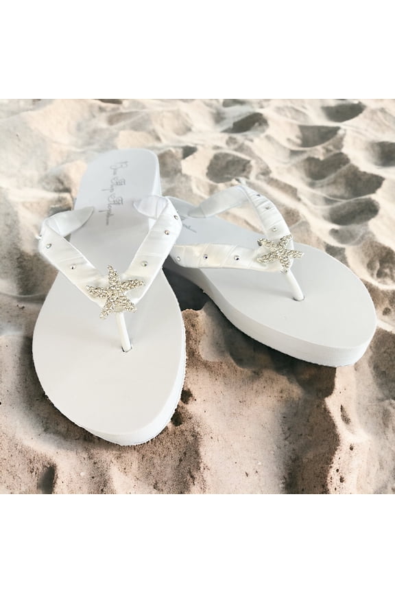 White Crystal Rhinestone Starfish Satin Flip Flops